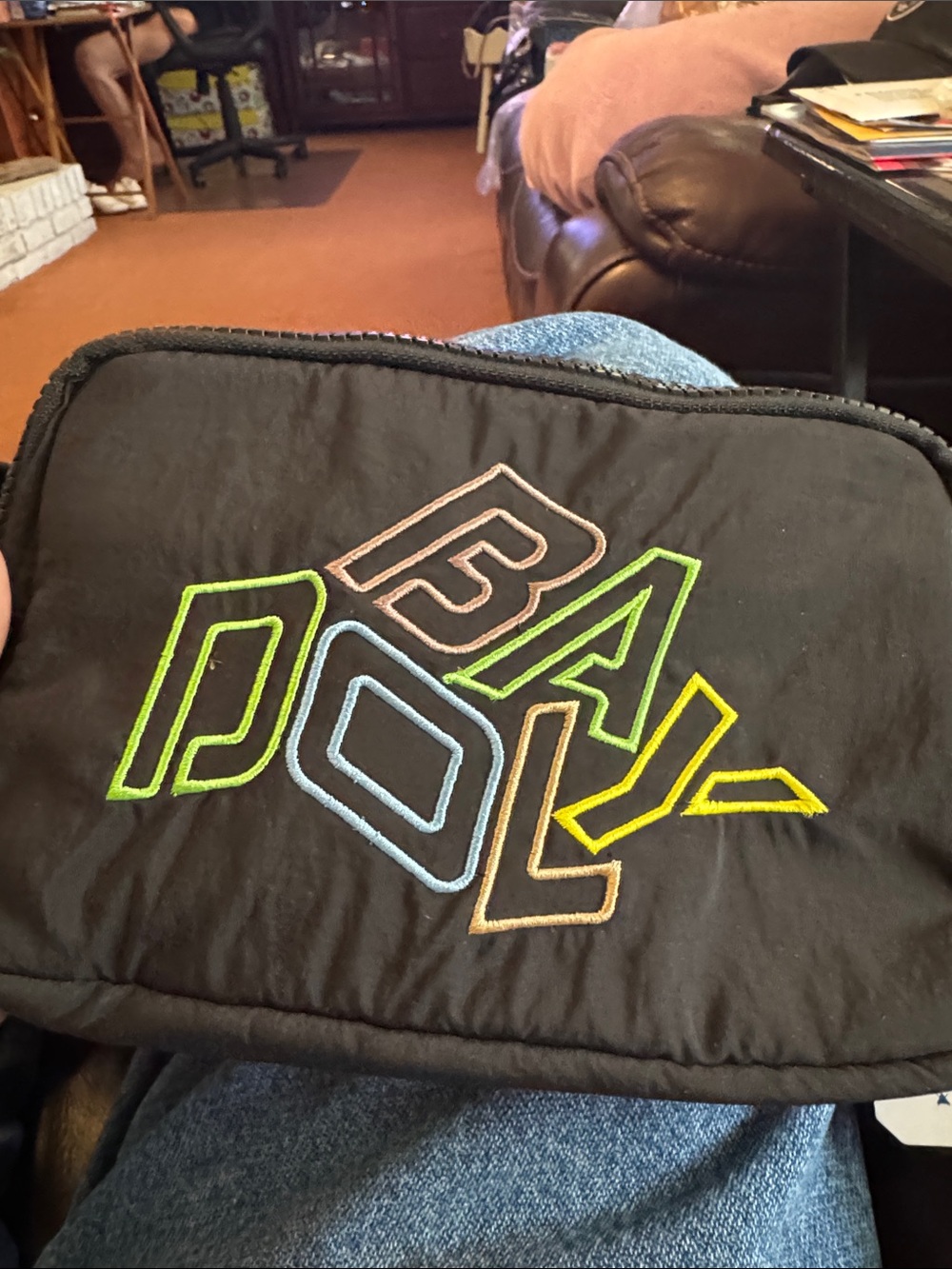 Black Men's Toiletry Pouch with Colorful Embroidered Accent